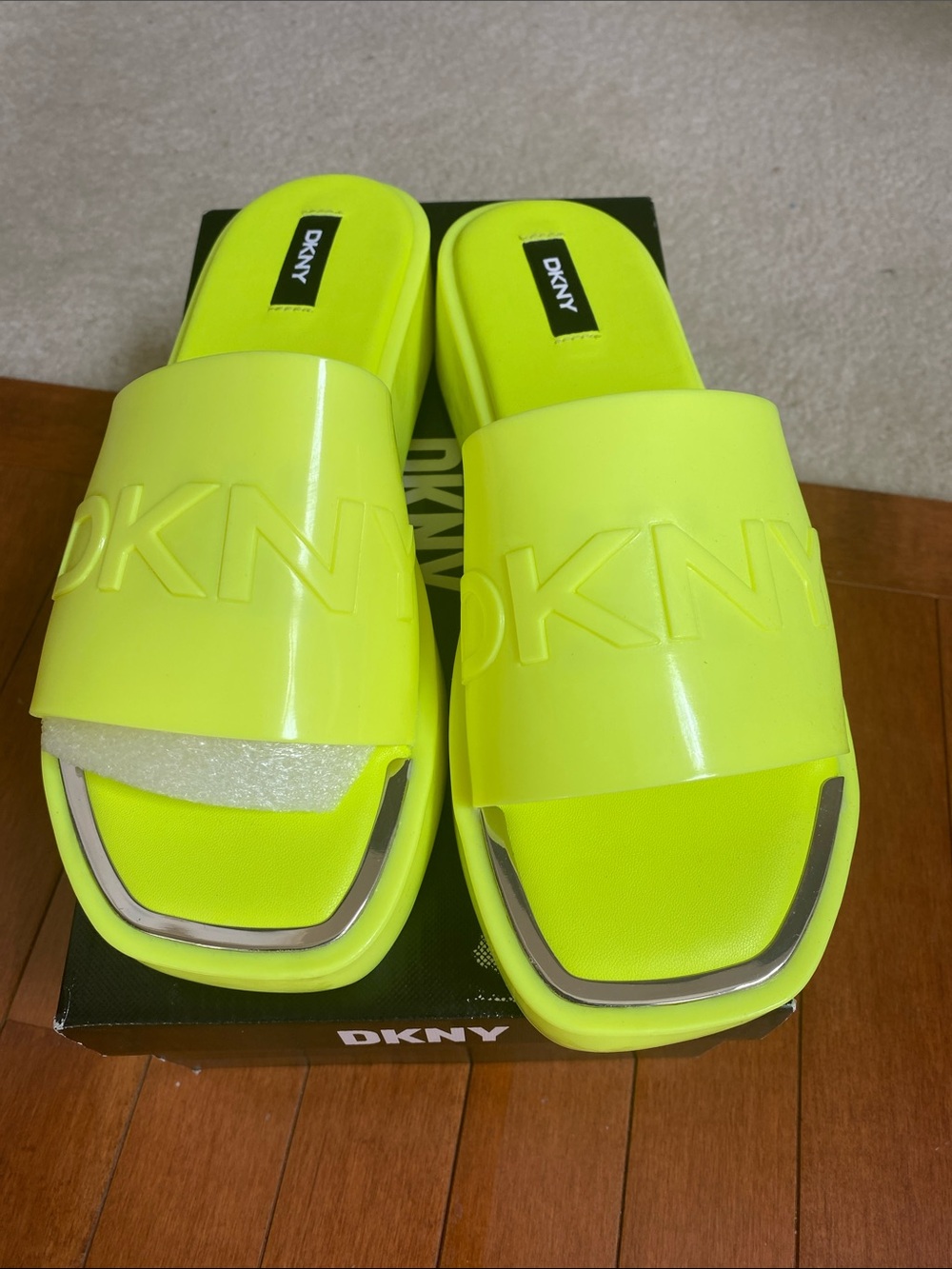 DKNY Neon Lime Slide Sandals